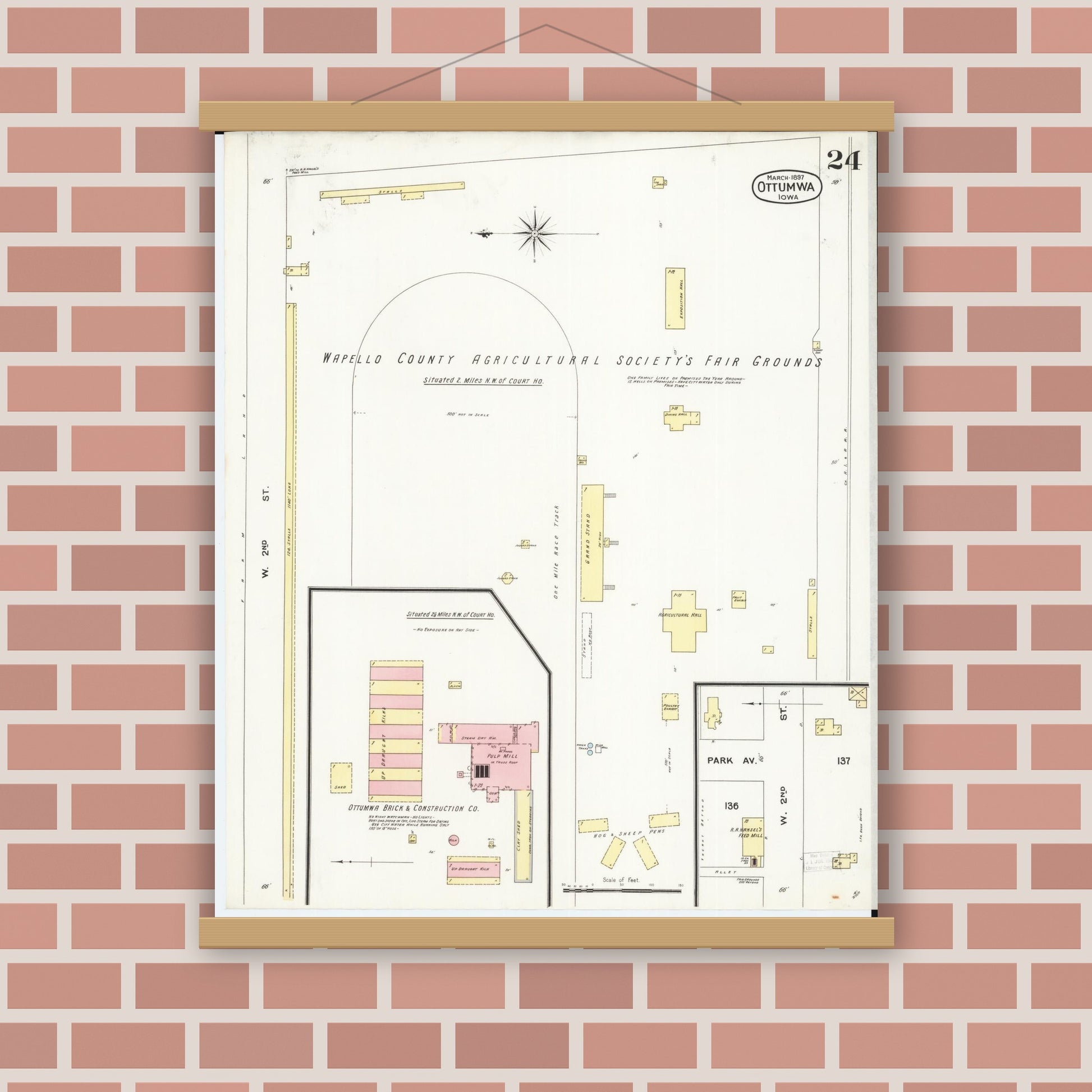 Old map wall art mockup — magnetic wood frame on brick wall — Sanborn Fire Insurance Map from Ottumwa, Wapello County, Iowa (1897), Sheet #0024