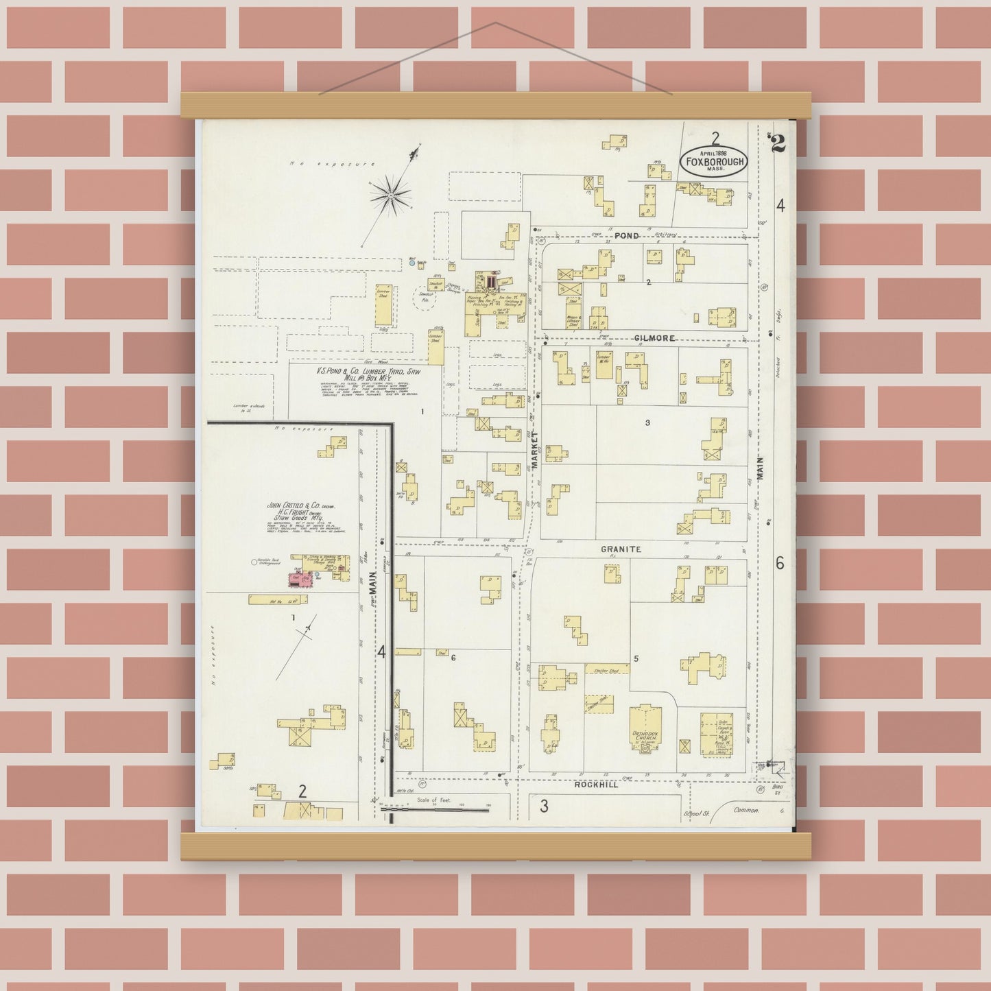 Old map wall art mockup — magnetic wood frame on brick wall — Sanborn Fire Insurance Map from Foxboro, Norfolk County, Massachusetts (1898), Sheet #0002
