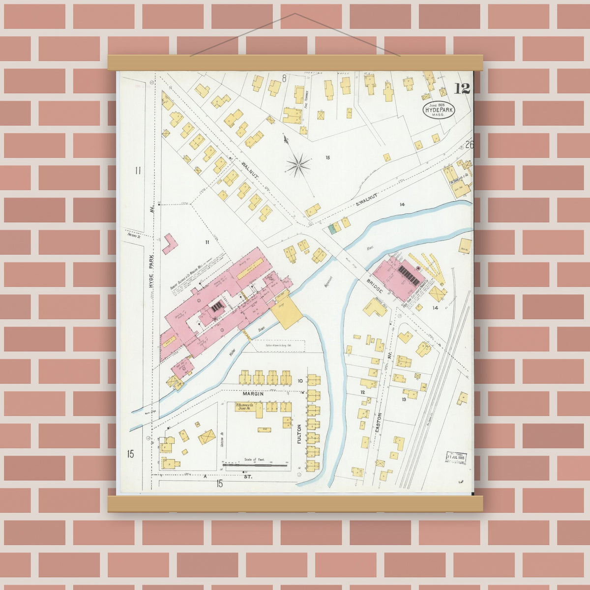 Old map wall art mockup — magnetic wood frame on brick wall — Sanborn Fire Insurance Map from Hyde Park, Norfolk County, Massachusetts (1905), Sheet #0012