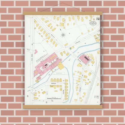 Old map wall art mockup — magnetic wood frame on brick wall — Sanborn Fire Insurance Map from Hyde Park, Norfolk County, Massachusetts (1905), Sheet #0012