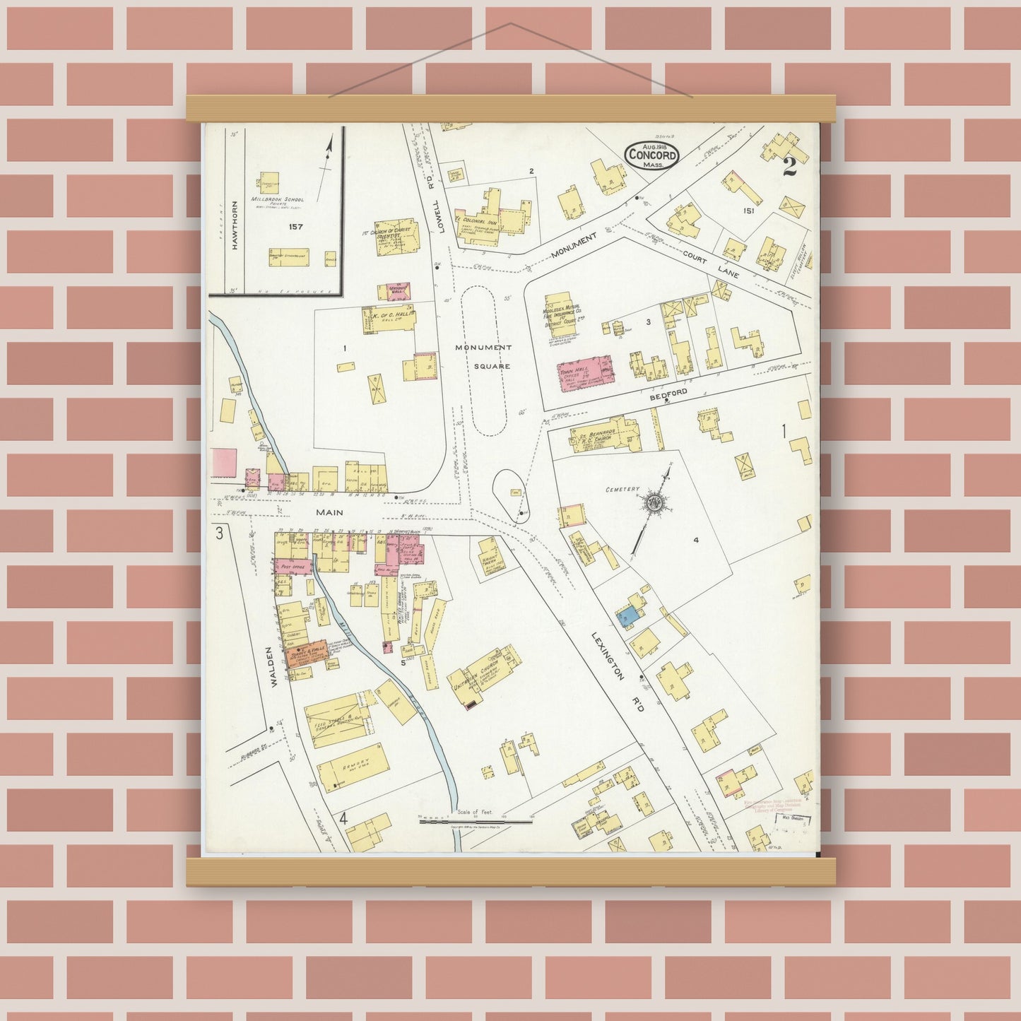 Old map wall art mockup — magnetic wood frame on brick wall — Sanborn Fire Insurance Map from Concord, Middlesex County, Massachusetts (1918), Sheet #0002