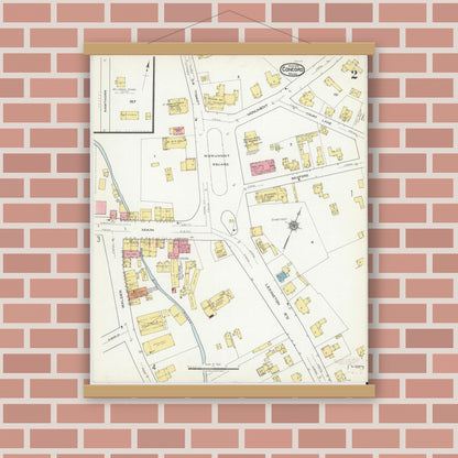 Old map wall art mockup — magnetic wood frame on brick wall — Sanborn Fire Insurance Map from Concord, Middlesex County, Massachusetts (1918), Sheet #0002