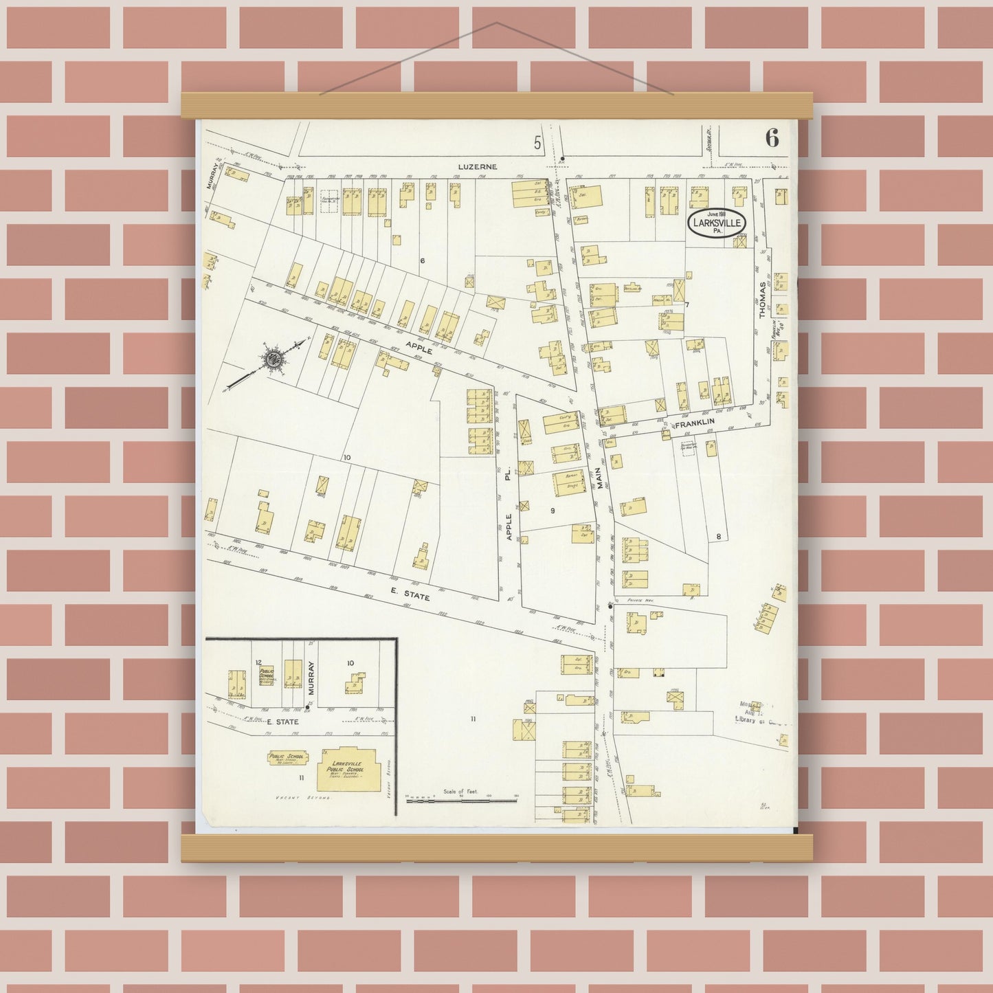 Old map wall art mockup — magnetic wood frame on brick wall — Sanborn Fire Insurance Map from Larksville, Luzerne County, Pennsylvania (1911), Sheet #0006