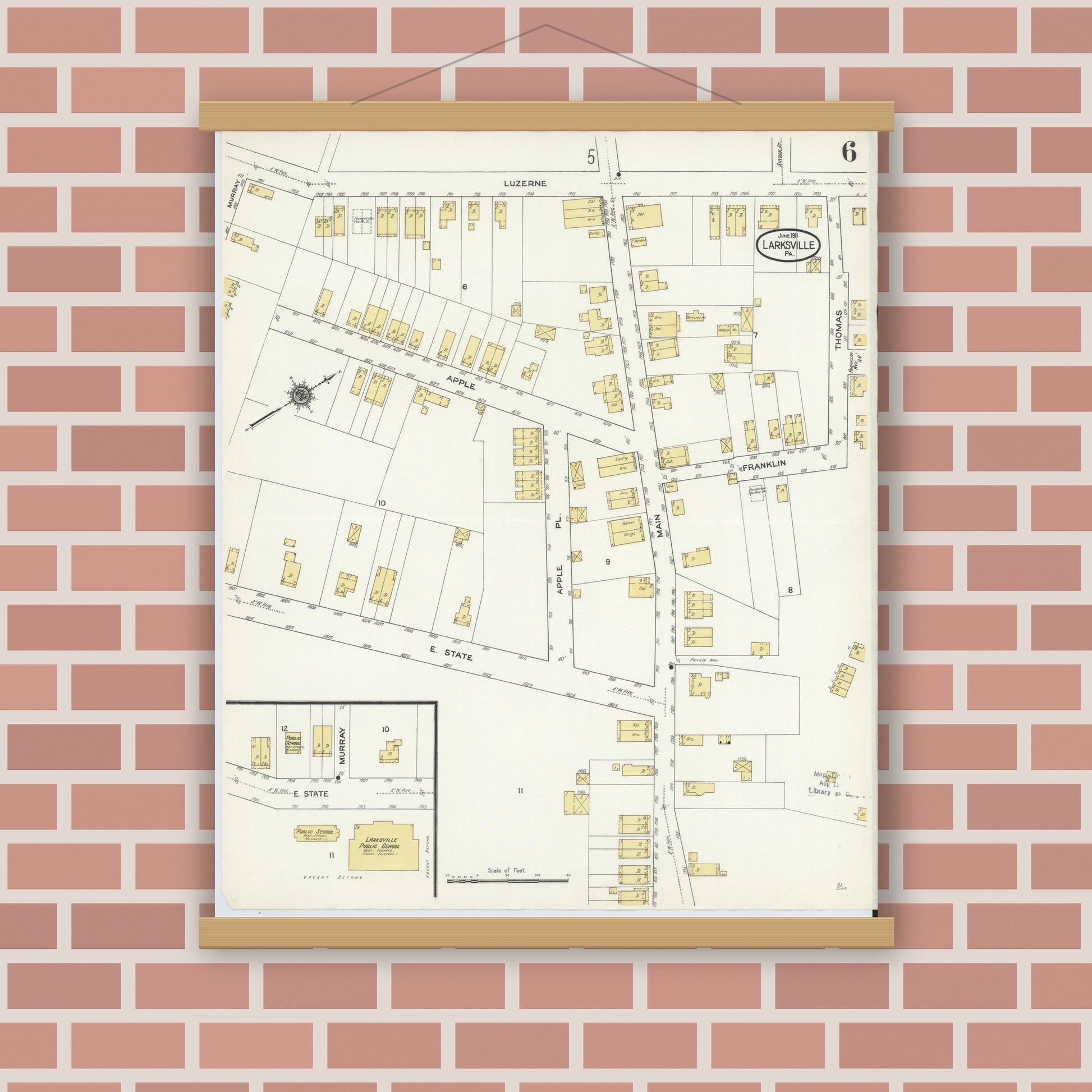 Old map wall art mockup — magnetic wood frame on brick wall — Sanborn Fire Insurance Map from Larksville, Luzerne County, Pennsylvania (1911), Sheet #0006