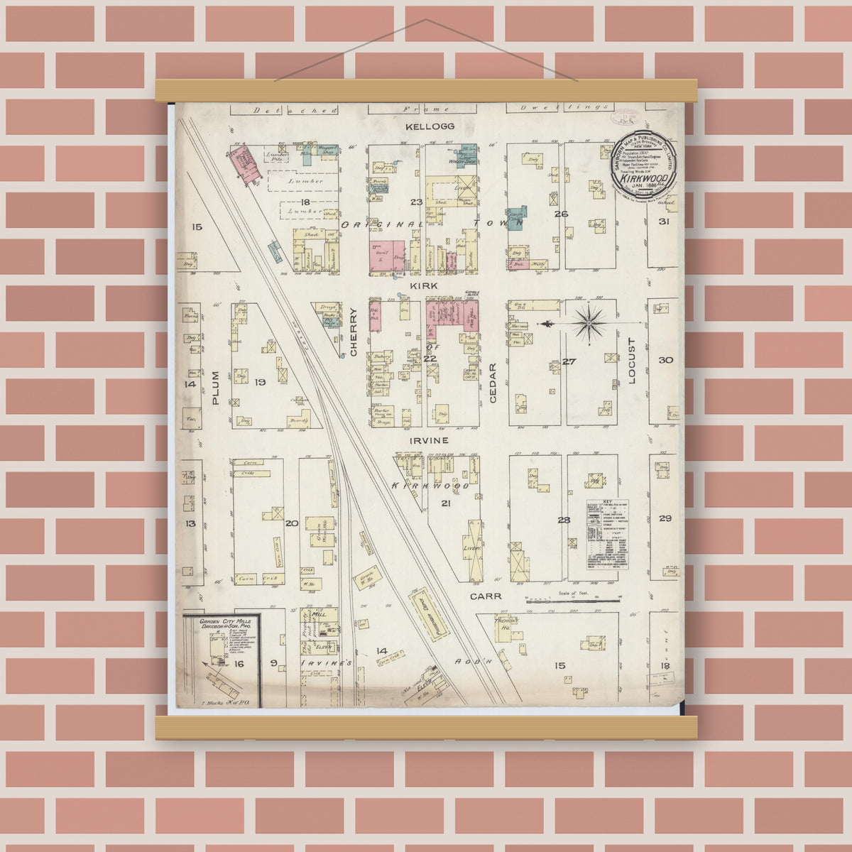 Old map wall art mockup — magnetic wood frame on brick wall — Sanborn Fire Insurance Map from Kirkwood, Warren County, Illinois (1886), Sheet #0001
