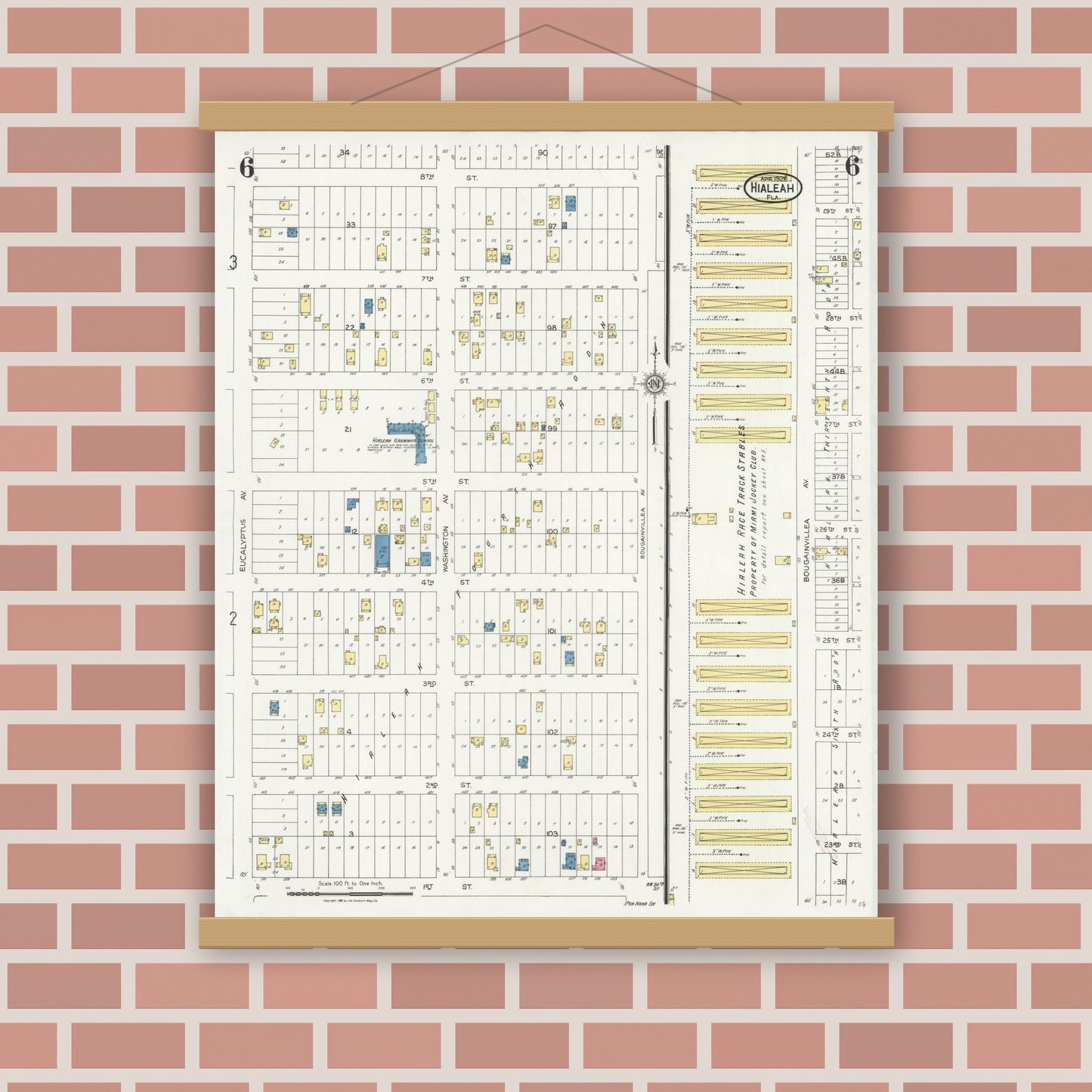 Old map wall art mockup — magnetic wood frame on brick wall — Sanborn Fire Insurance Map from Hialeah, Dade County, Florida (1926), Sheet #0006
