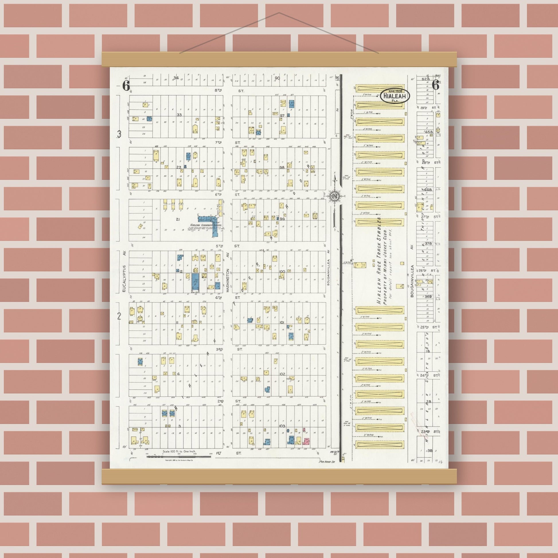 Old map wall art mockup — magnetic wood frame on brick wall — Sanborn Fire Insurance Map from Hialeah, Dade County, Florida (1926), Sheet #0006