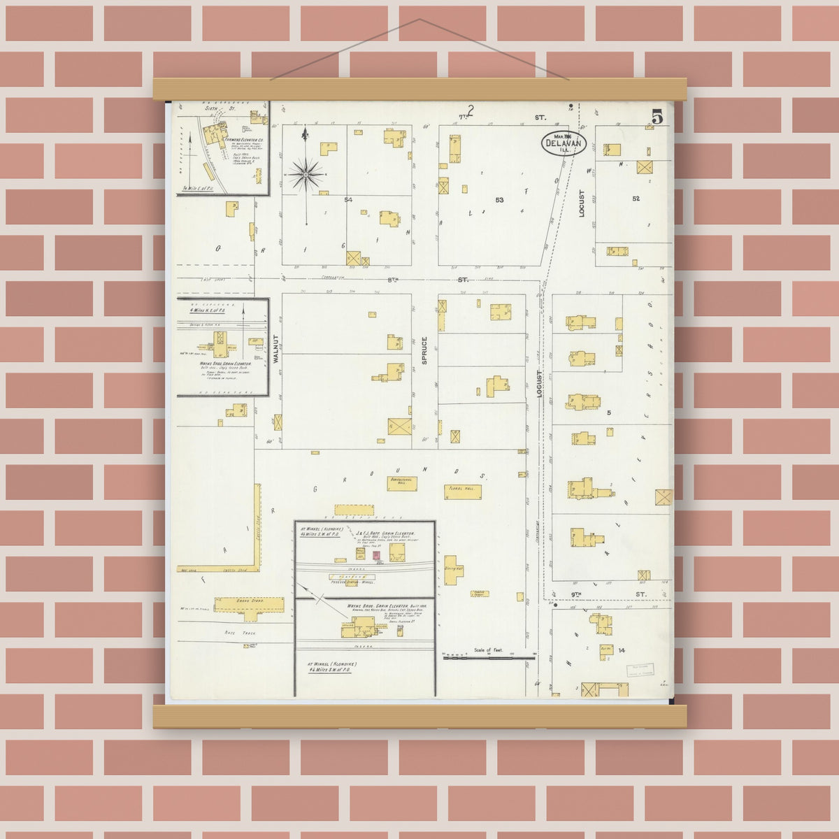 Old map wall art mockup — magnetic wood frame on brick wall — Sanborn Fire Insurance Map from Delavan, Tazewell County, Illinois (1906), Sheet #0005