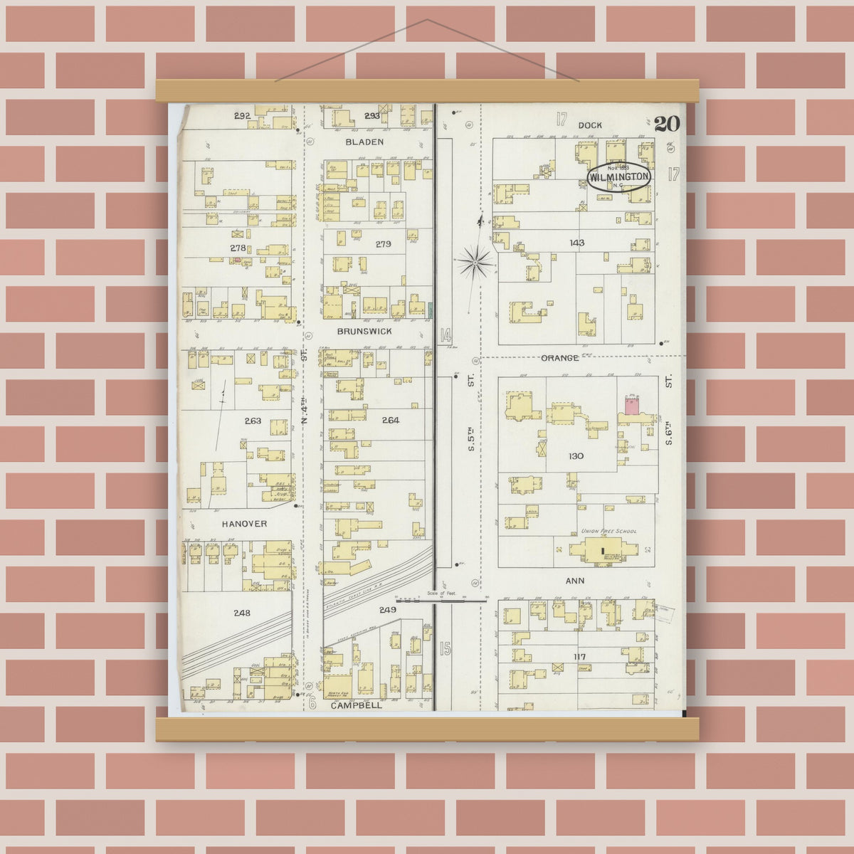 Old map wall art mockup — magnetic wood frame on brick wall — Sanborn Fire Insurance Map from Wilmington, New Hanover County, North Carolina (1893), Sheet #0020