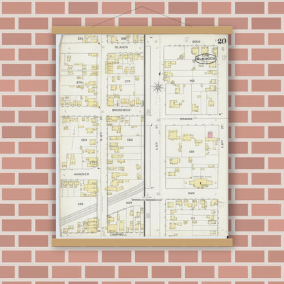 Old map wall art mockup — magnetic wood frame on brick wall — Sanborn Fire Insurance Map from Wilmington, New Hanover County, North Carolina (1893), Sheet #0020