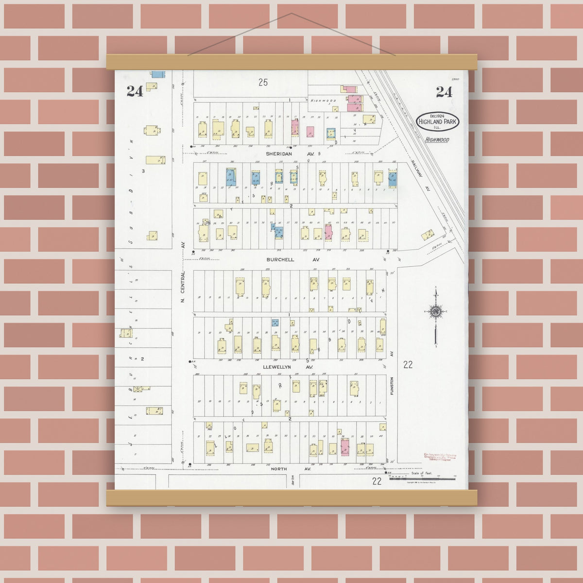 Old map wall art mockup — magnetic wood frame on brick wall — Sanborn Fire Insurance Map from Highland Park, Lake County, Illinois (1924), Sheet #0024