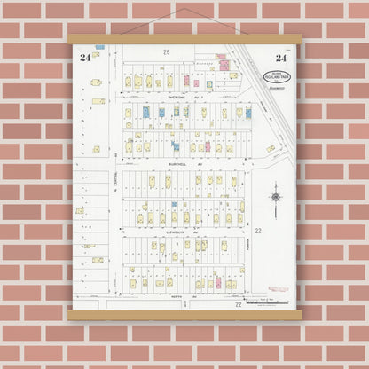 Old map wall art mockup — magnetic wood frame on brick wall — Sanborn Fire Insurance Map from Highland Park, Lake County, Illinois (1924), Sheet #0024