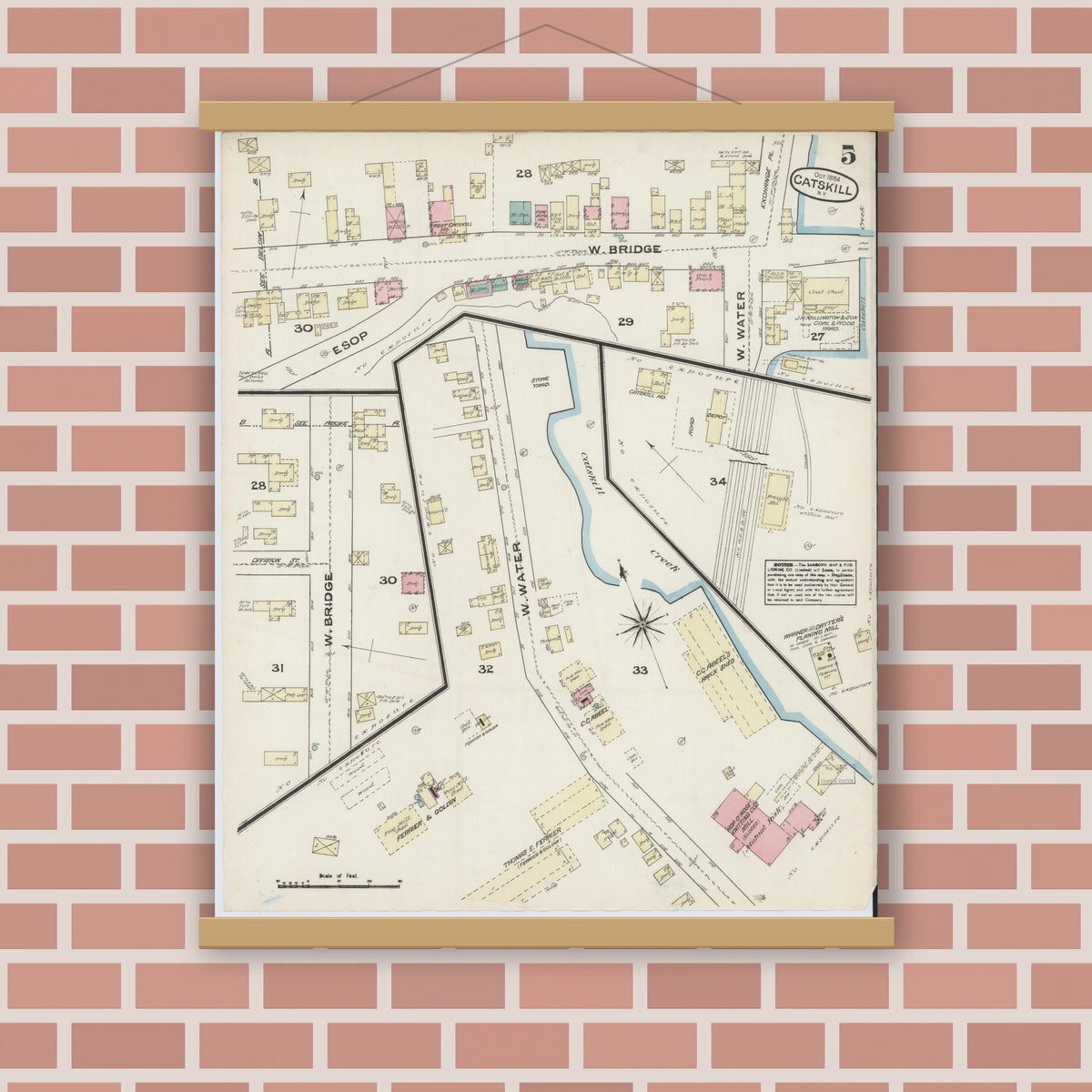 Old map wall art mockup — magnetic wood frame on brick wall — Sanborn Fire Insurance Map from Catskill, Greene County, New York (1884), Sheet #0005