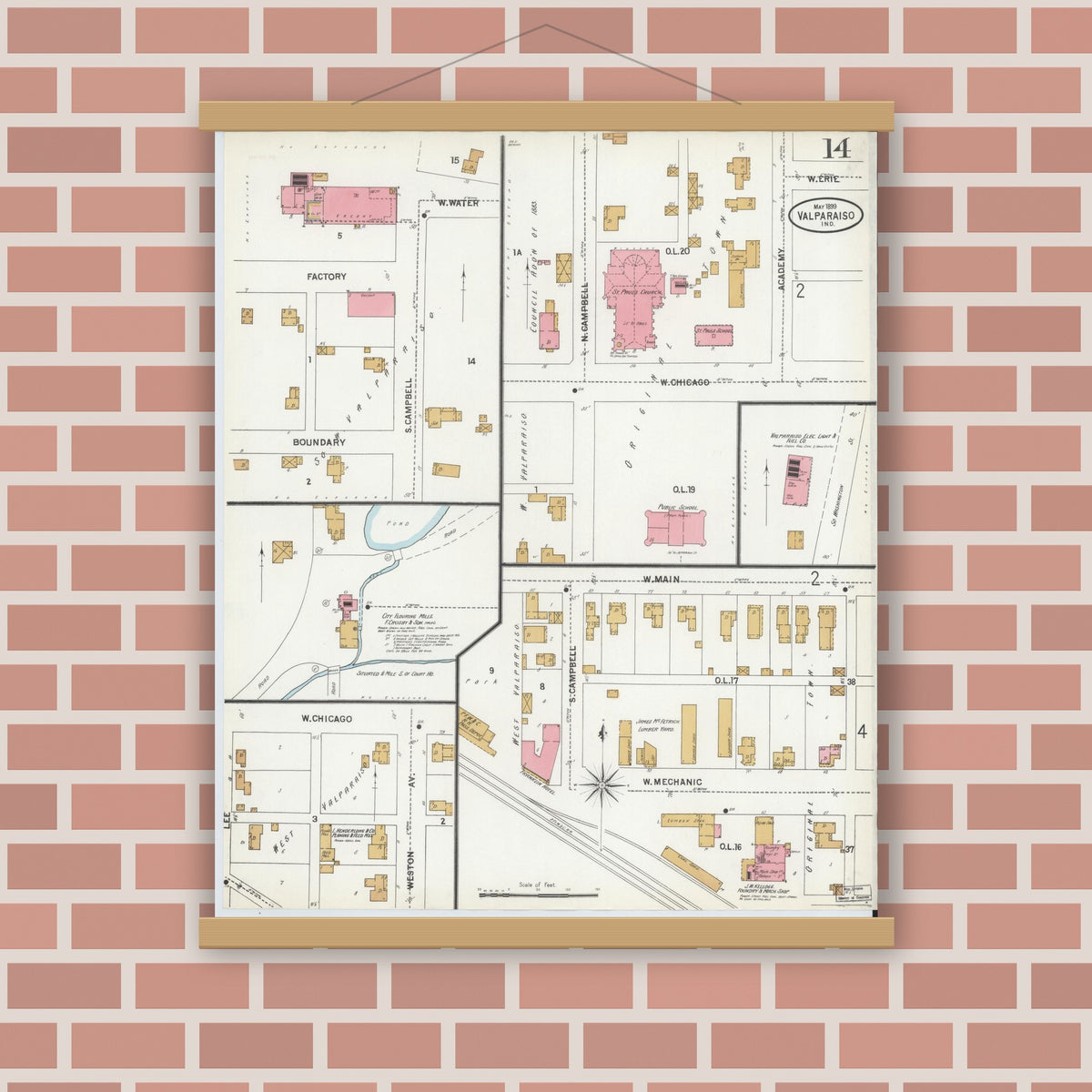 Old map wall art mockup — magnetic wood frame on brick wall — Sanborn Fire Insurance Map from Valparaiso, Porter County, Indiana (1899), Sheet #0014