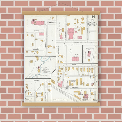 Old map wall art mockup — magnetic wood frame on brick wall — Sanborn Fire Insurance Map from Valparaiso, Porter County, Indiana (1899), Sheet #0014