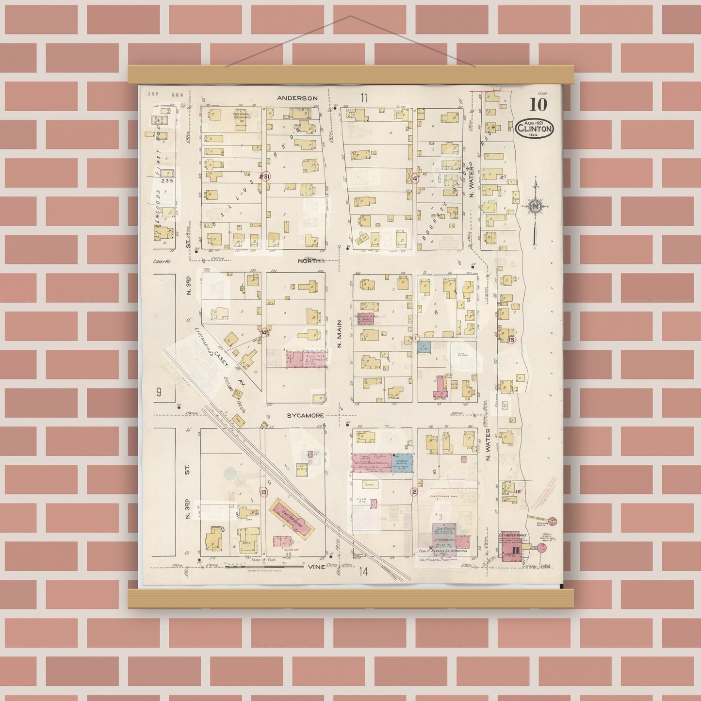 Old map wall art mockup — magnetic wood frame on brick wall — Sanborn Fire Insurance Map from Clinton, Vermillion County, Indiana (1947), Sheet #0010