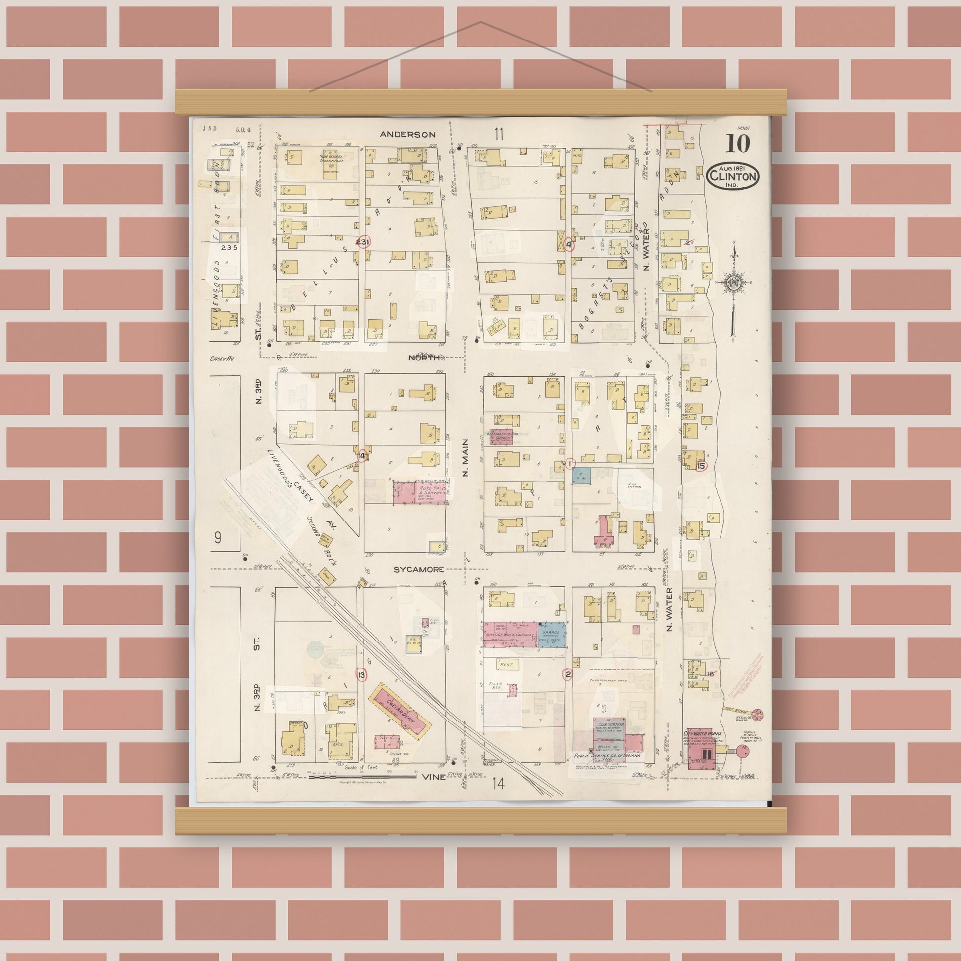 Old map wall art mockup — magnetic wood frame on brick wall — Sanborn Fire Insurance Map from Clinton, Vermillion County, Indiana (1947), Sheet #0010