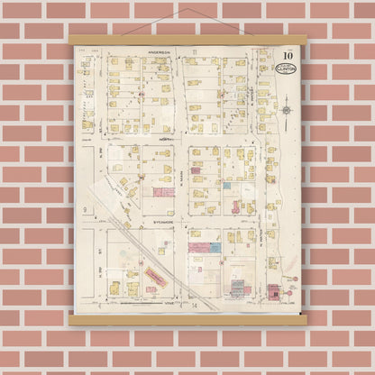 Old map wall art mockup — magnetic wood frame on brick wall — Sanborn Fire Insurance Map from Clinton, Vermillion County, Indiana (1947), Sheet #0010
