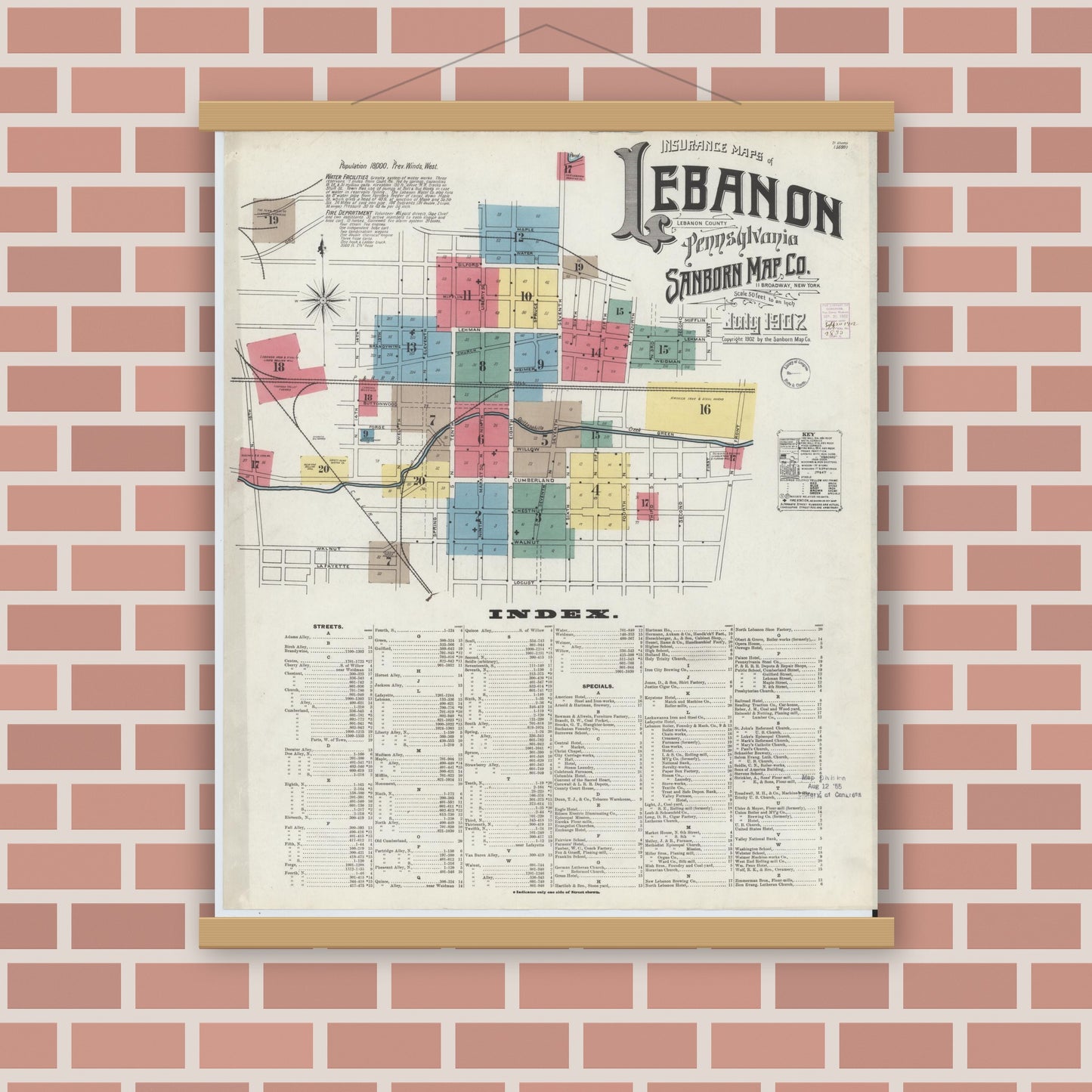 Old map wall art mockup — magnetic wood frame on brick wall — Sanborn Fire Insurance Map from Lebanon, Lebanon County, Pennsylvania (1902), Sheet #0001