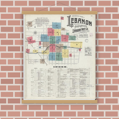 Old map wall art mockup — magnetic wood frame on brick wall — Sanborn Fire Insurance Map from Lebanon, Lebanon County, Pennsylvania (1902), Sheet #0001