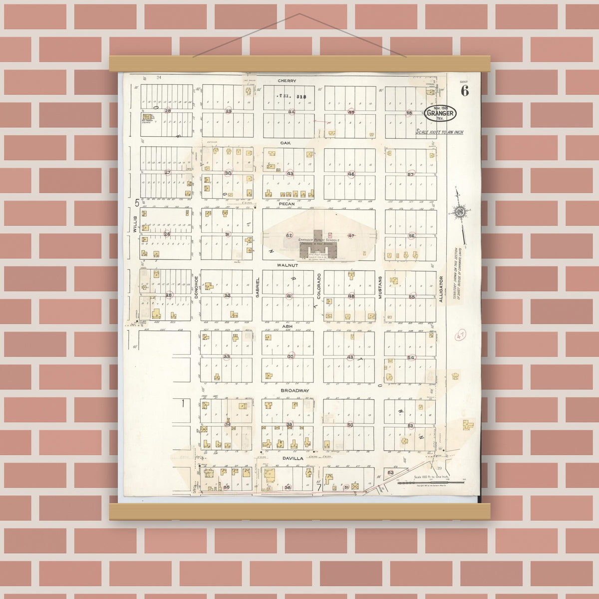 Old map wall art mockup — magnetic wood frame on brick wall — Sanborn Fire Insurance Map from Granger, Williamson County, Texas (1940), Sheet #0006