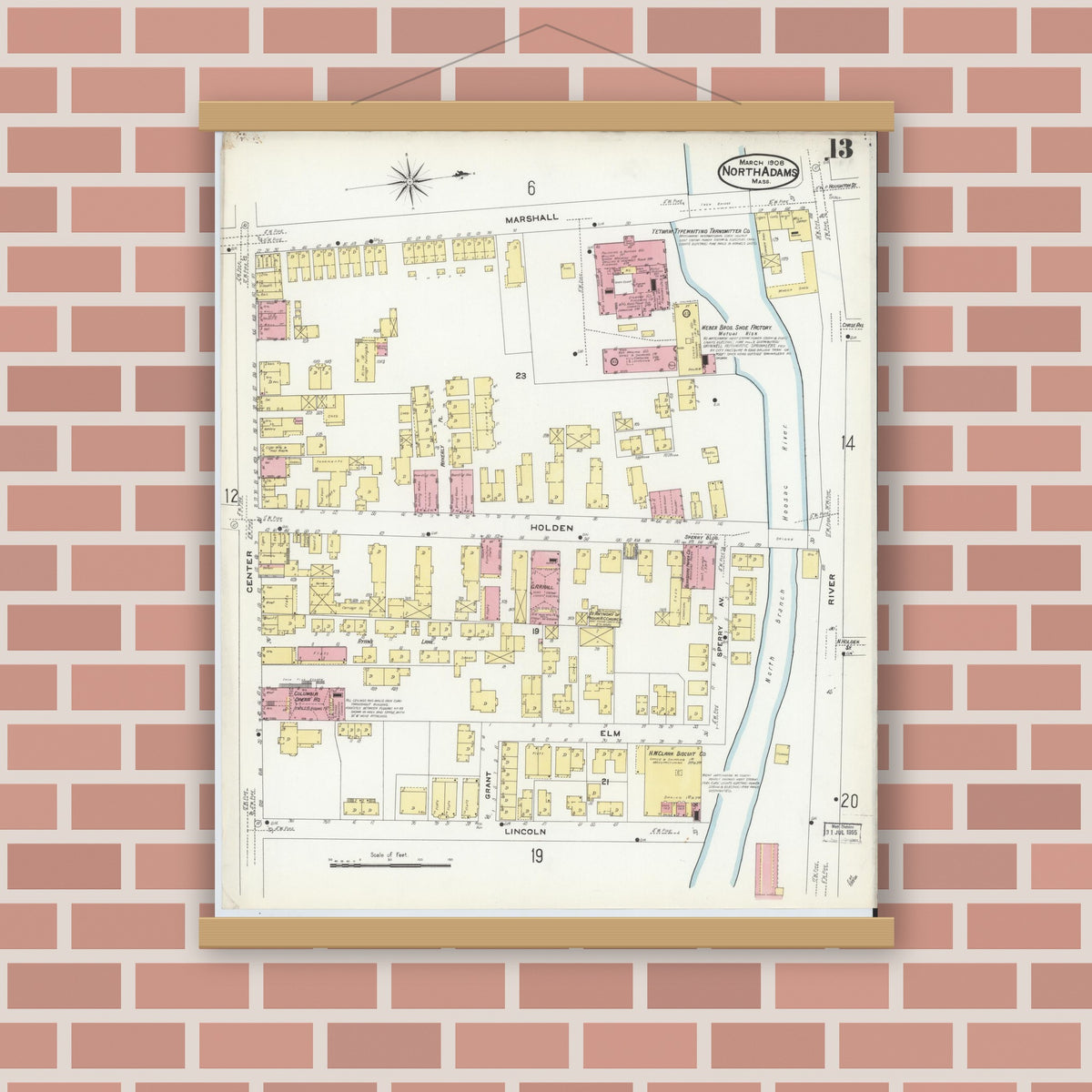 Old map wall art mockup — magnetic wood frame on brick wall — Sanborn Fire Insurance Map from North Adams, Berkshire County, Massachusetts (1908), Sheet #0013