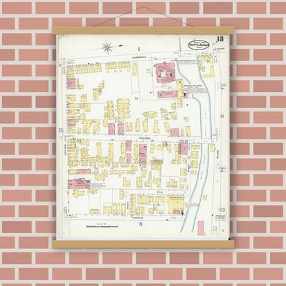 Old map wall art mockup — magnetic wood frame on brick wall — Sanborn Fire Insurance Map from North Adams, Berkshire County, Massachusetts (1908), Sheet #0013