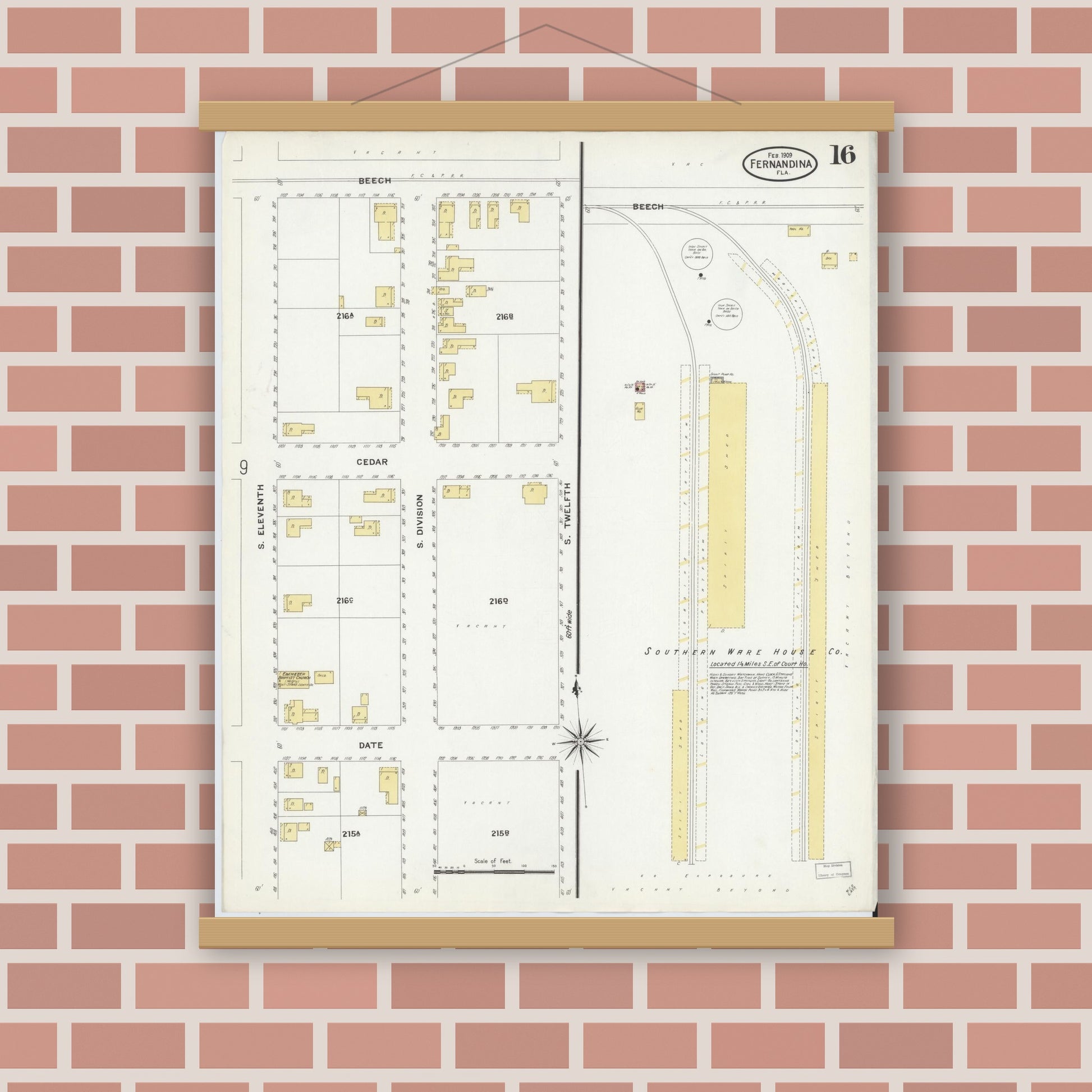 Old map wall art mockup — magnetic wood frame on brick wall — Sanborn Fire Insurance Map from Fernandina, Nassau County, Florida (1909), Sheet #0016