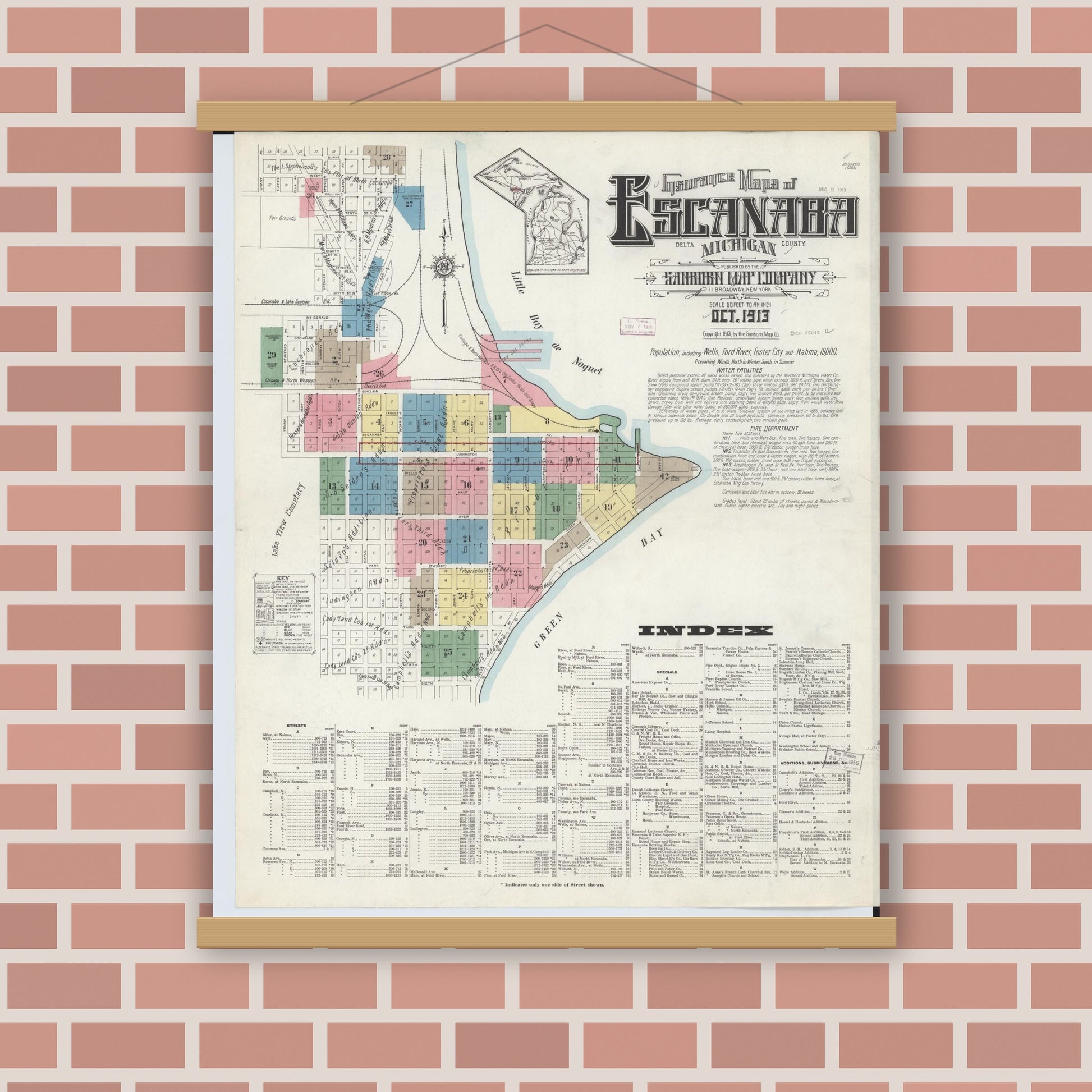 Old map wall art mockup — magnetic wood frame on brick wall — Sanborn Fire Insurance Map from Escanaba, Delta County, Michigan (1913), Sheet #0001