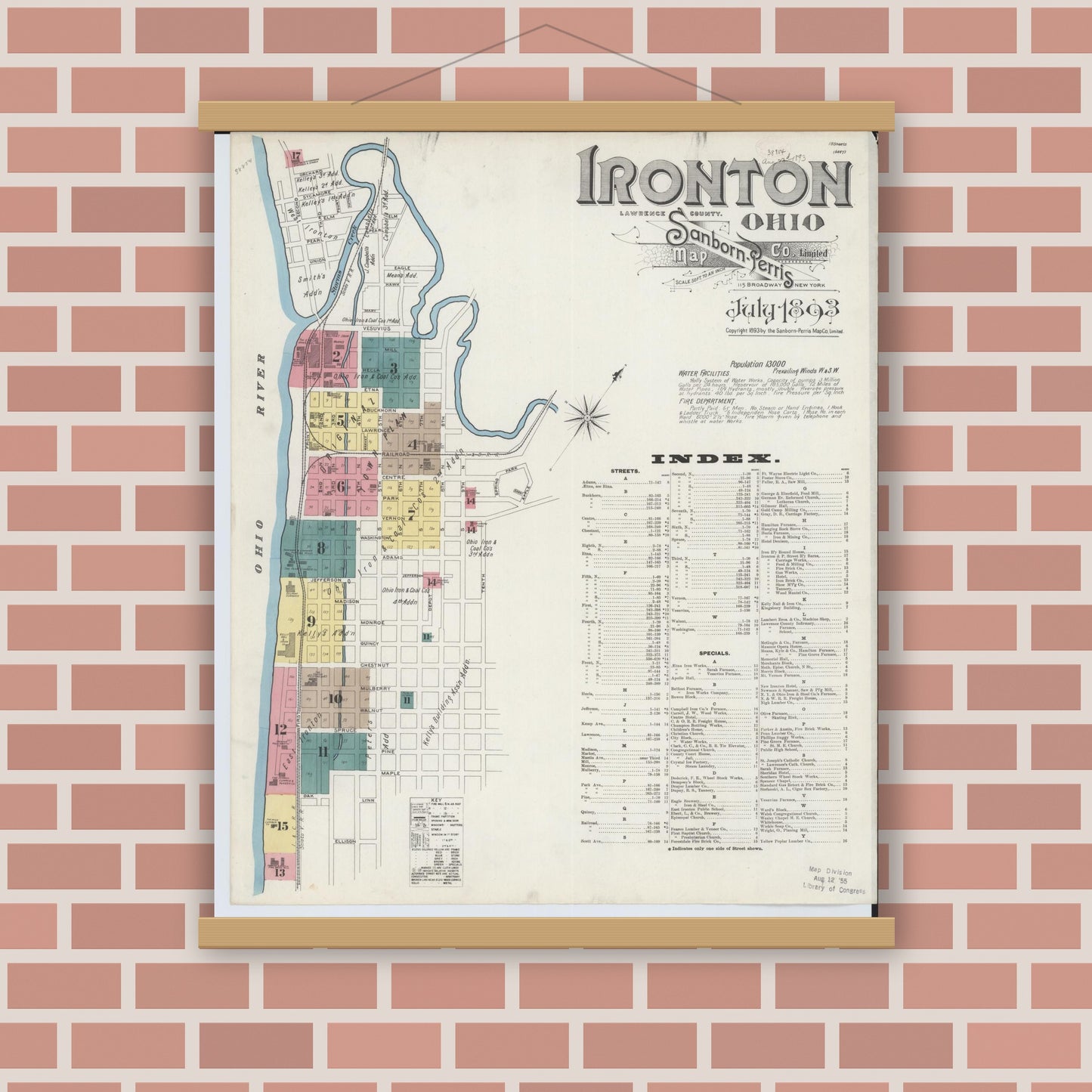 Old map wall art mockup — magnetic wood frame on brick wall — Sanborn Fire Insurance Map from Ironton, Lawrence County, Ohio (1893), Sheet #0001