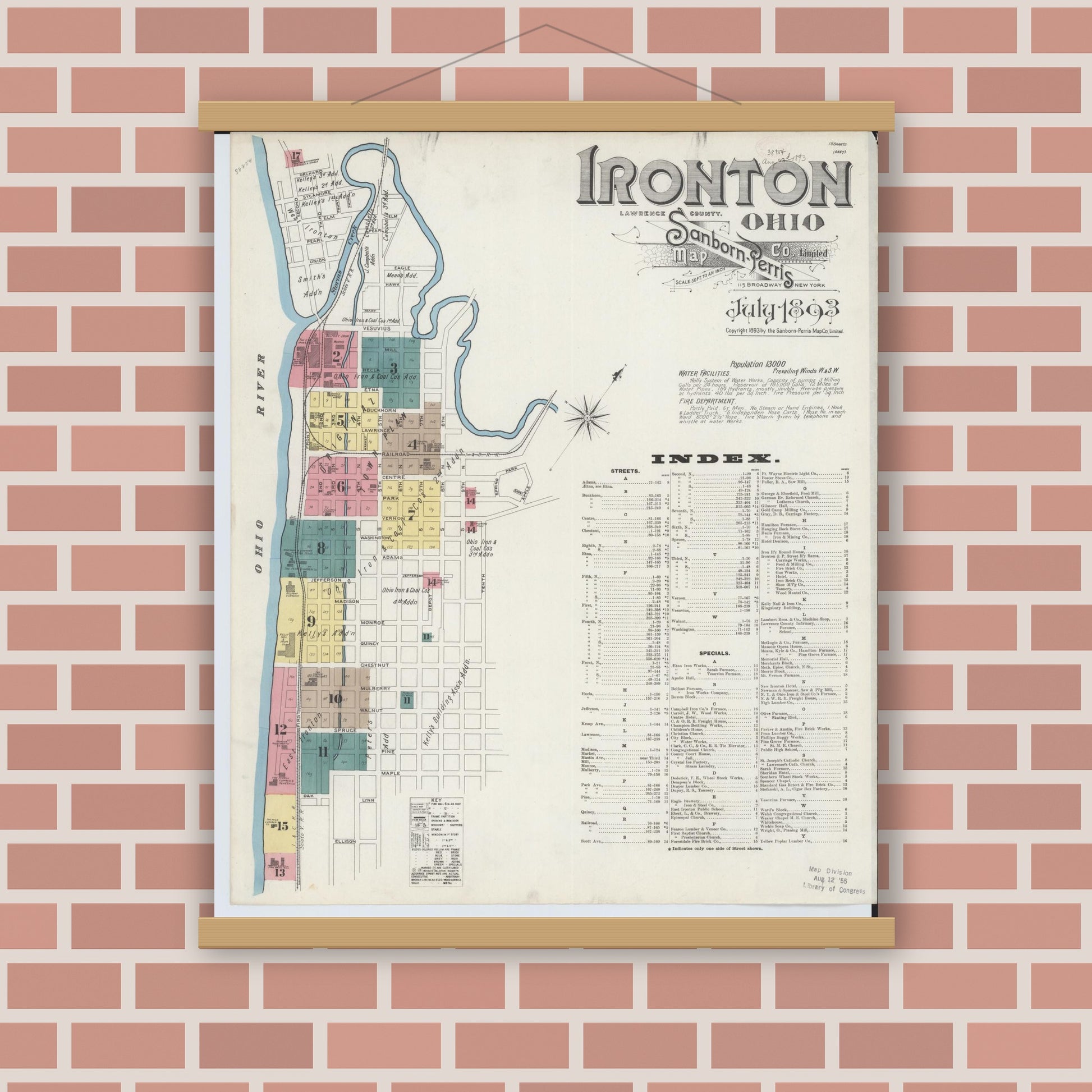 Old map wall art mockup — magnetic wood frame on brick wall — Sanborn Fire Insurance Map from Ironton, Lawrence County, Ohio (1893), Sheet #0001