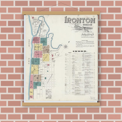 Old map wall art mockup — magnetic wood frame on brick wall — Sanborn Fire Insurance Map from Ironton, Lawrence County, Ohio (1893), Sheet #0001