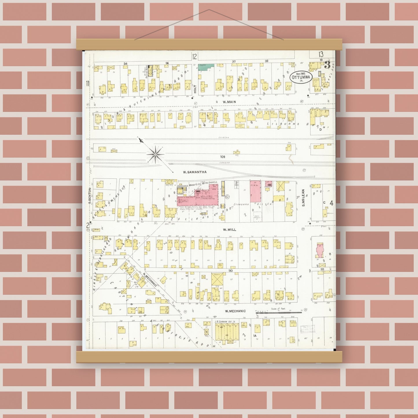 Old map wall art mockup — magnetic wood frame on brick wall — Sanborn Fire Insurance Map from Ottumwa, Wapello County, Iowa (1902), Sheet #0003