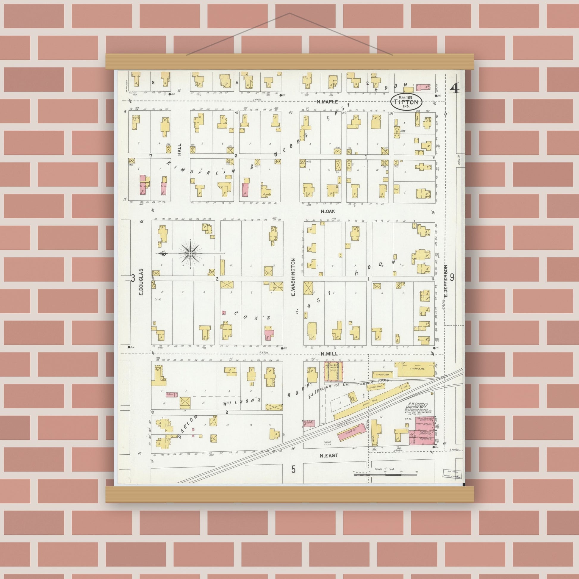 Old map wall art mockup — magnetic wood frame on brick wall — Sanborn Fire Insurance Map from Tipton, Tipton County, Indiana (1902), Sheet #0004