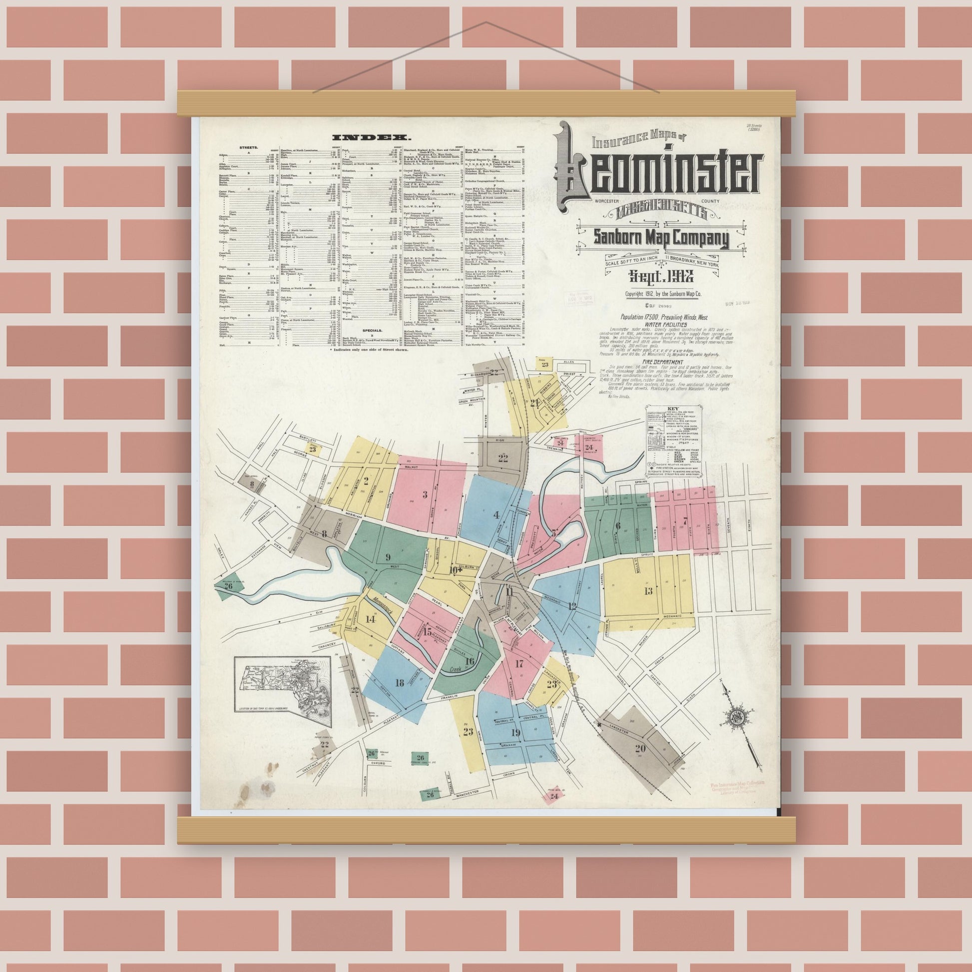 Old map wall art mockup — magnetic wood frame on brick wall — Sanborn Fire Insurance Map from Leominster, Worcester County, Massachusetts (1912), Sheet #0001