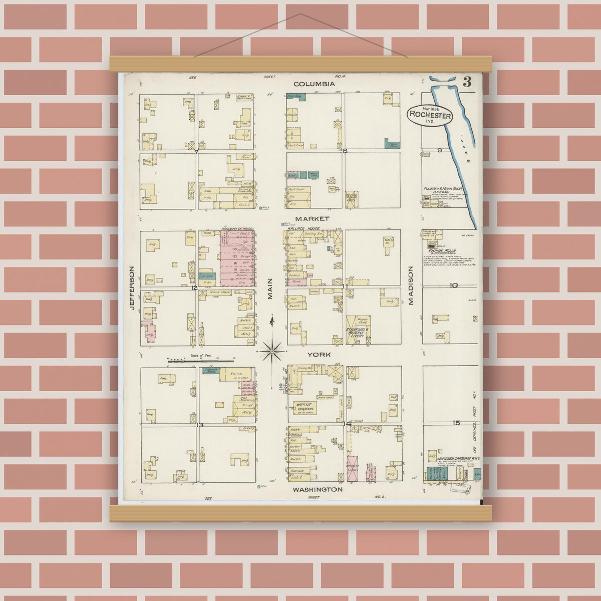 Old map wall art mockup — magnetic wood frame on brick wall — Sanborn Fire Insurance Map from Rochester, Fulton County, Indiana (1885), Sheet #0003