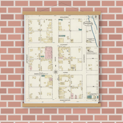 Old map wall art mockup — magnetic wood frame on brick wall — Sanborn Fire Insurance Map from Rochester, Fulton County, Indiana (1885), Sheet #0003