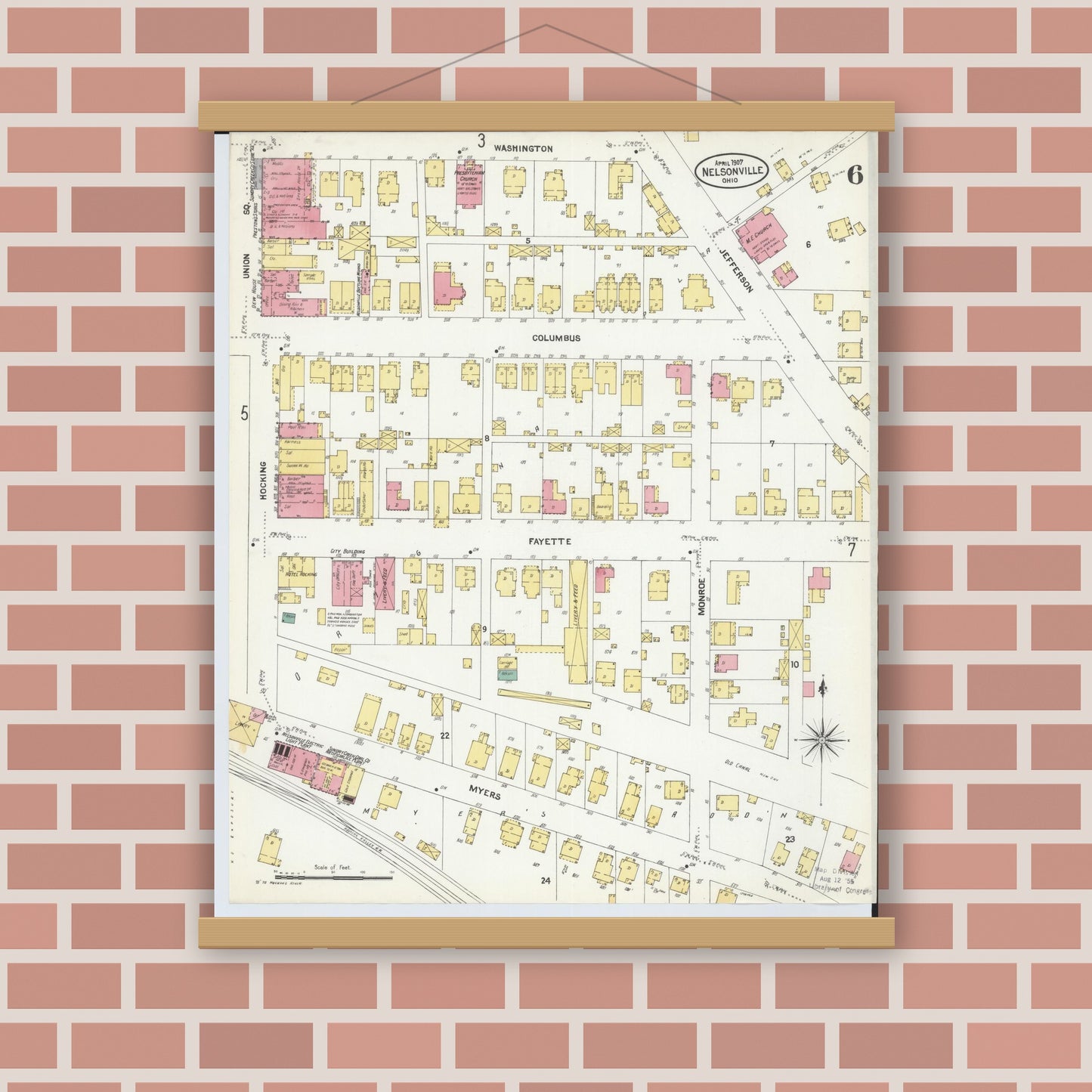 Old map wall art mockup — magnetic wood frame on brick wall — Sanborn Fire Insurance Map from Nelsonville, Athens County, Ohio (1907), Sheet #0006