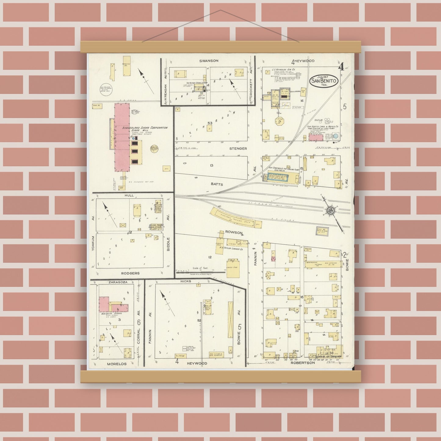 Old map wall art mockup — magnetic wood frame on brick wall — Sanborn Fire Insurance Map from San Benito, Cameron County, Texas (1917), Sheet #0004