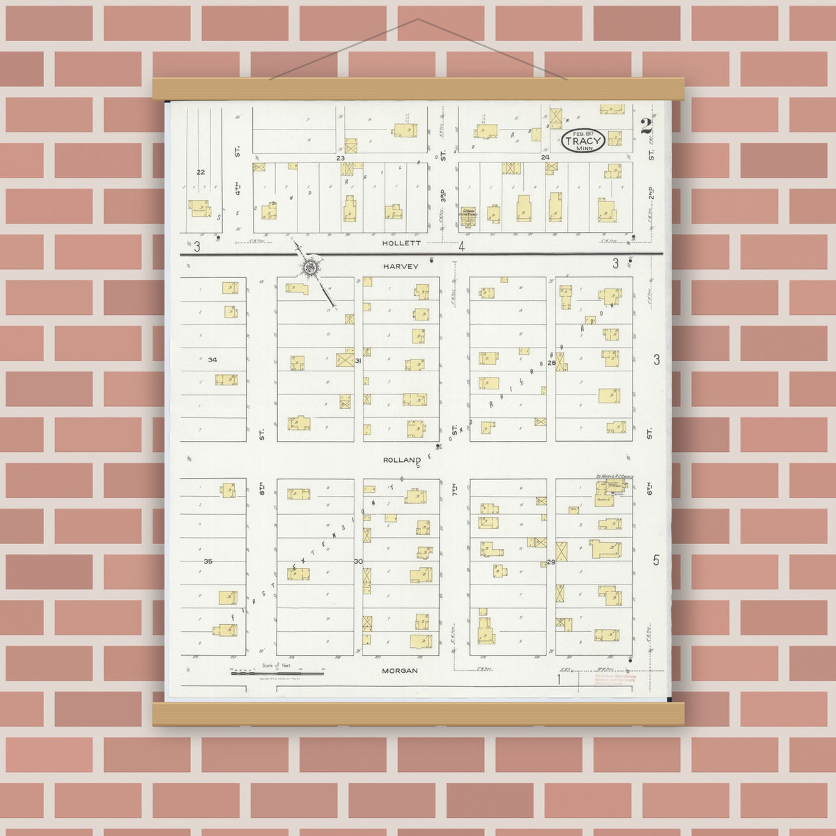 Old map wall art mockup — magnetic wood frame on brick wall — Sanborn Fire Insurance Map from Tracy, Lyon County, Minnesota (1917), Sheet #0002