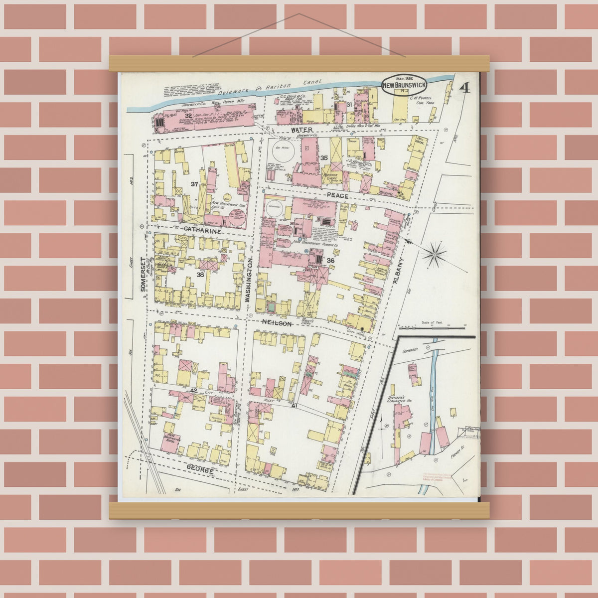 Old map wall art mockup — magnetic wood frame on brick wall — Sanborn Fire Insurance Map from New Brunswick, Middlesex County, New Jersey (1892), Sheet #0004