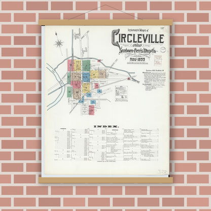 Old map wall art mockup — magnetic wood frame on brick wall — Sanborn Fire Insurance Map from Circleville, Pickaway County, Ohio (1899), Sheet #0001
