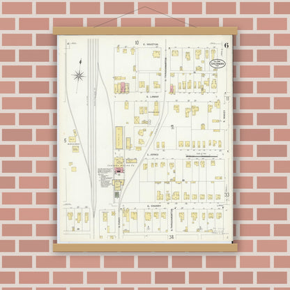 Old map wall art mockup — magnetic wood frame on brick wall — Sanborn Fire Insurance Map from Sherman, Grayson County, Texas (1908), Sheet #0006