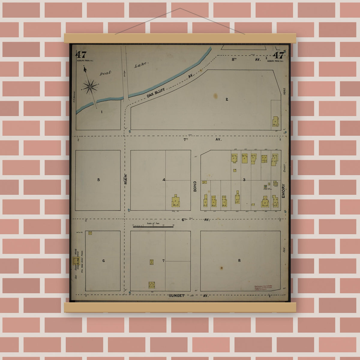 Old map wall art mockup — magnetic wood frame on brick wall — Sanborn Fire Insurance Map from New Jersey Coast, New Jersey Coast, New Jersey (1890), Sheet #0047