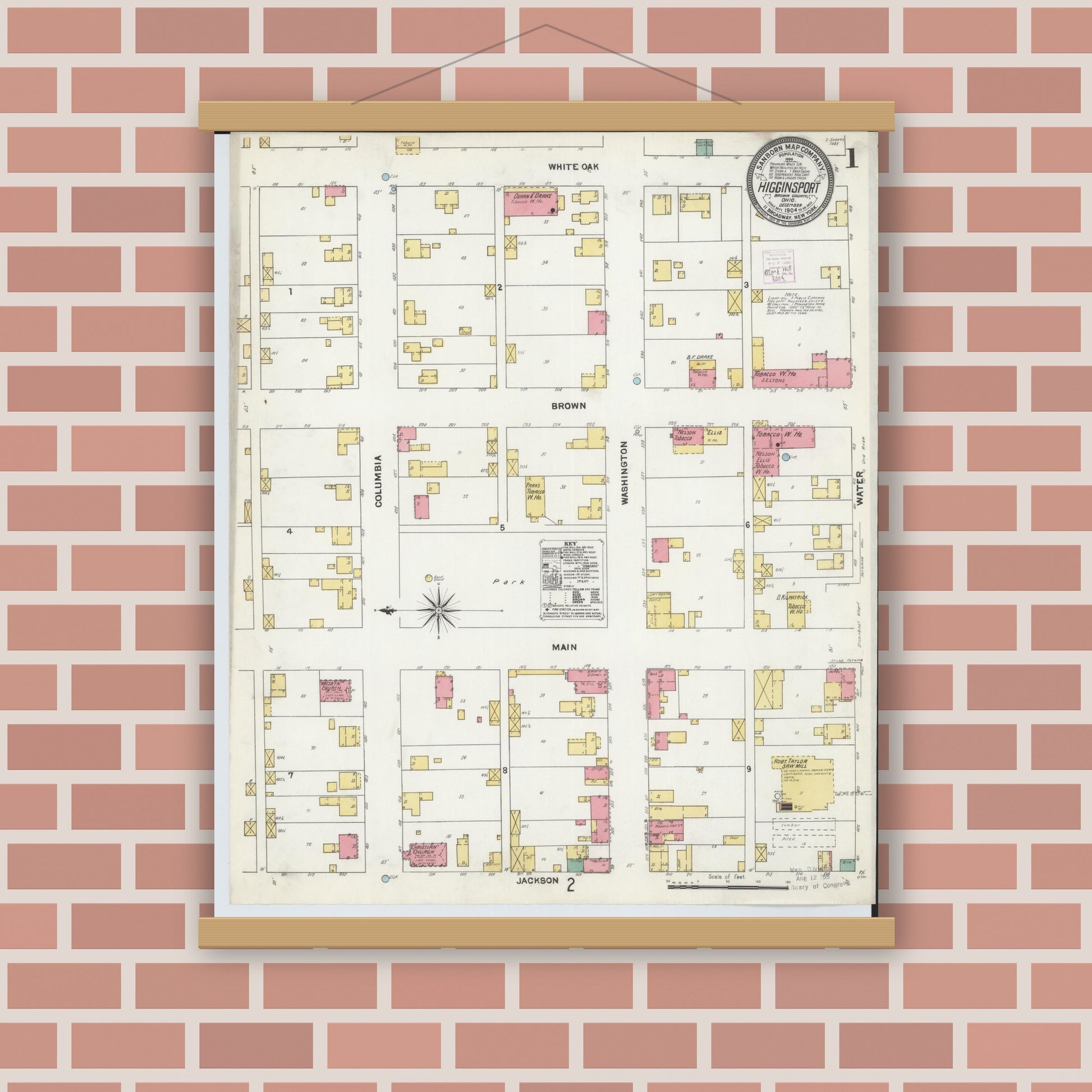 Old map wall art mockup — magnetic wood frame on brick wall — Sanborn Fire Insurance Map from Higginsport, Brown County, Ohio (1904), Sheet #0001