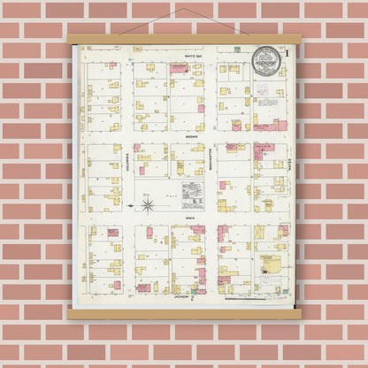 Old map wall art mockup — magnetic wood frame on brick wall — Sanborn Fire Insurance Map from Higginsport, Brown County, Ohio (1904), Sheet #0001