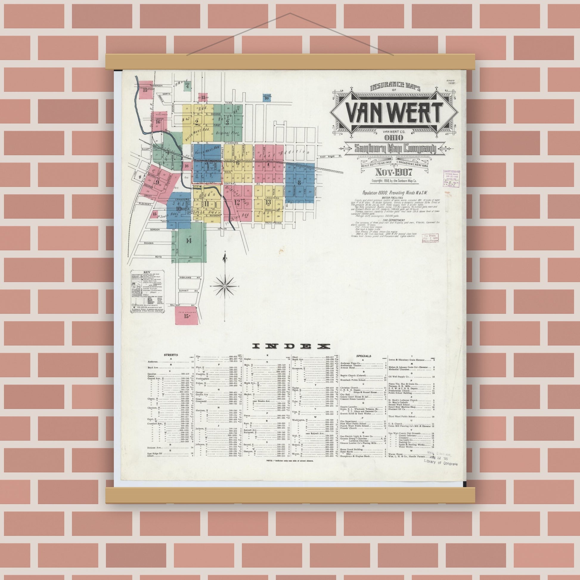 Old map wall art mockup — magnetic wood frame on brick wall — Sanborn Fire Insurance Map from Van Wert, Van Wert County, Ohio (1907), Sheet #0001