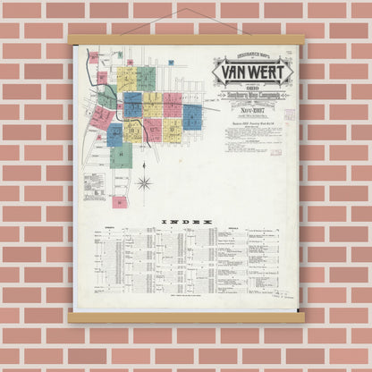 Old map wall art mockup — magnetic wood frame on brick wall — Sanborn Fire Insurance Map from Van Wert, Van Wert County, Ohio (1907), Sheet #0001