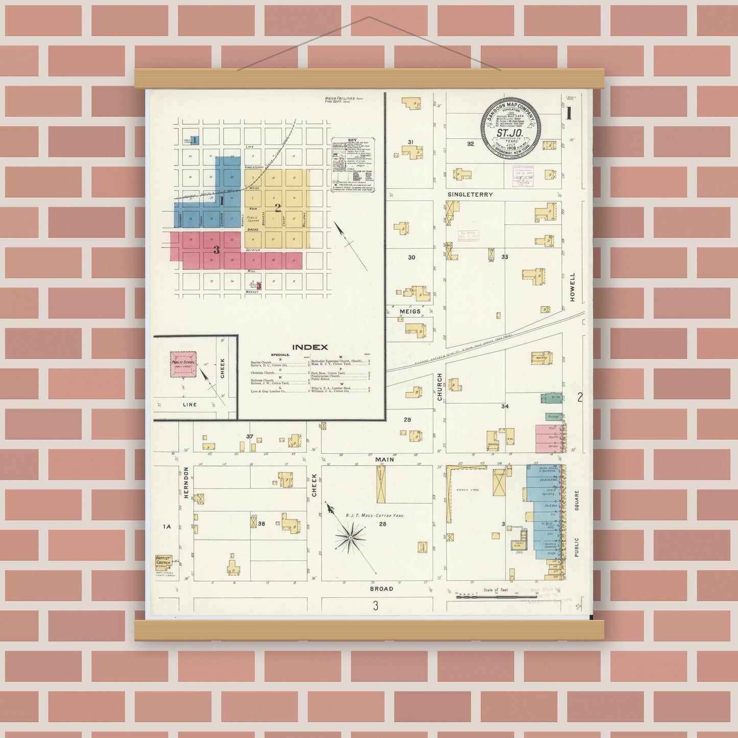 Old map wall art mockup — magnetic wood frame on brick wall — Sanborn Fire Insurance Map from Saint Jo, Montague County, Texas (1908) - Complete Map Set