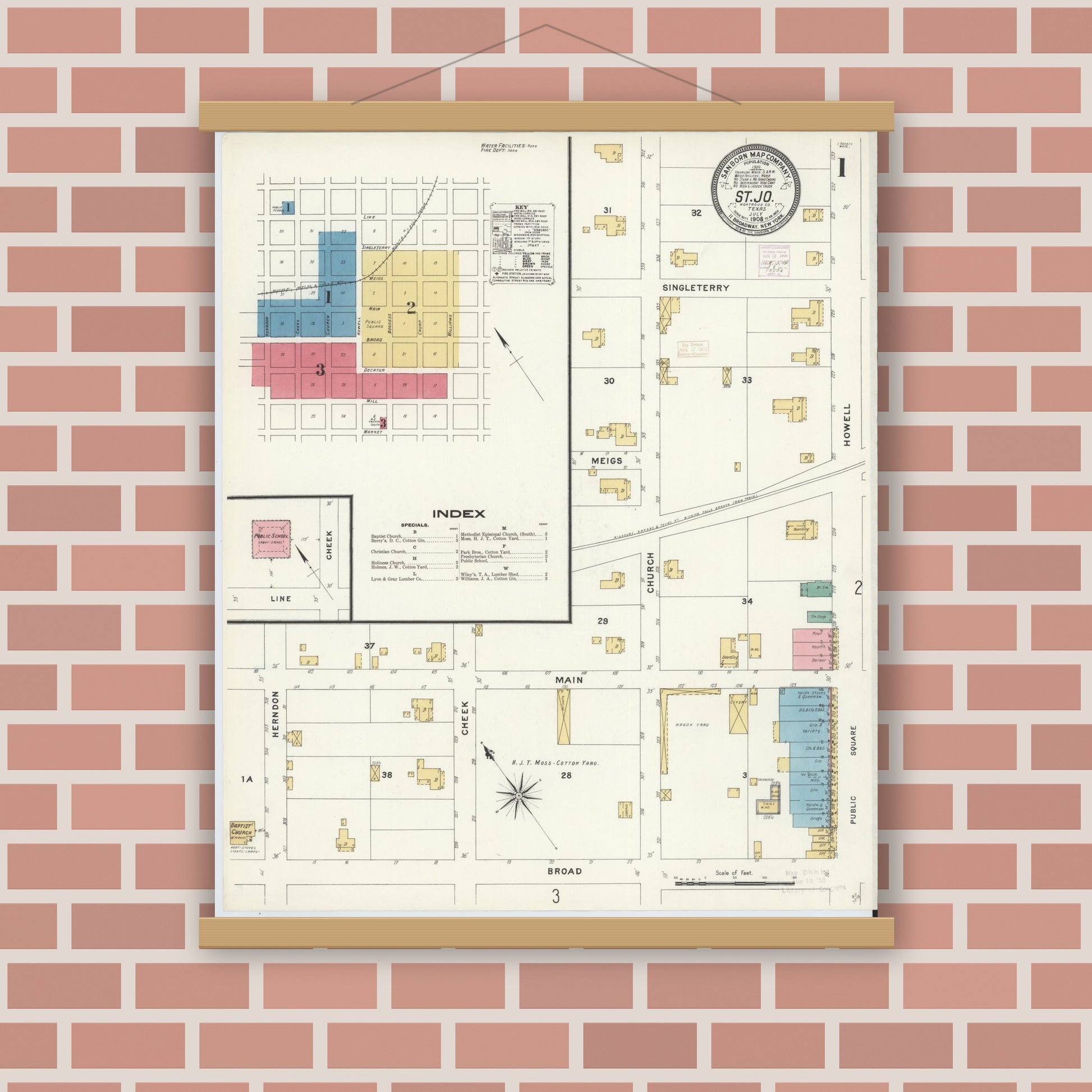 Old map wall art mockup — magnetic wood frame on brick wall — Sanborn Fire Insurance Map from Saint Jo, Montague County, Texas (1908) - Complete Map Set